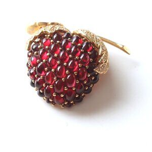 Vintage Signed Ciner Strawberry Brooch w/Red Cabochons & Swarovski Pave Leaves